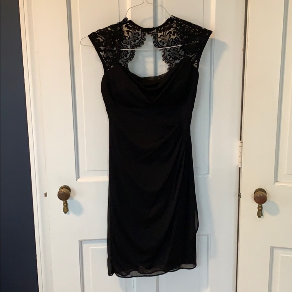 Black fitted, chiffon dress with lace back detail